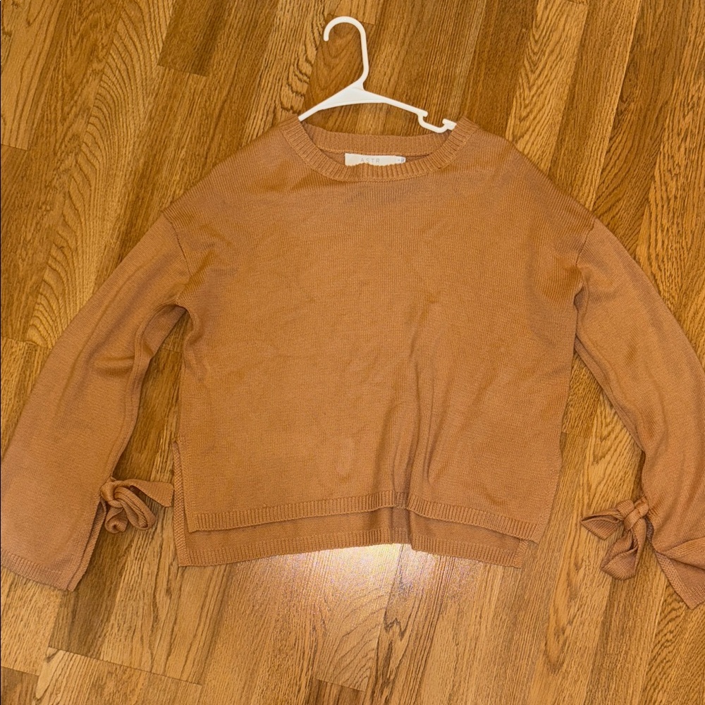 Astr Cropped Camel Knit Crewneck Sweater